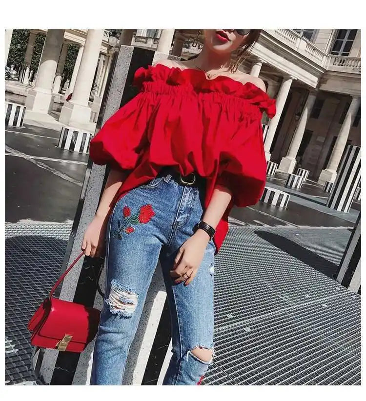 Ruffles Fashion Woman Blouse Off the shoulder Youth Elegant Blouses