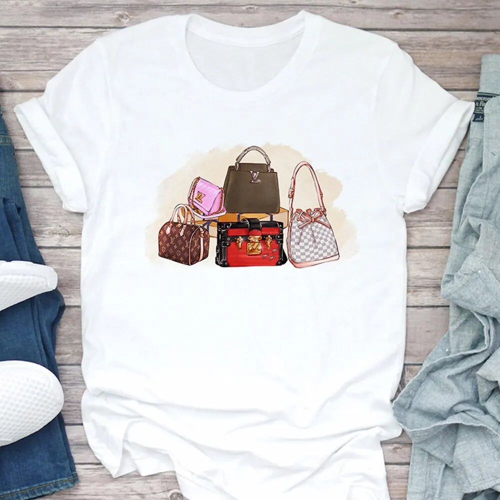 Women's T Shirt Summer Fashion Girl Bag Printed Ladies T-shirt Casual