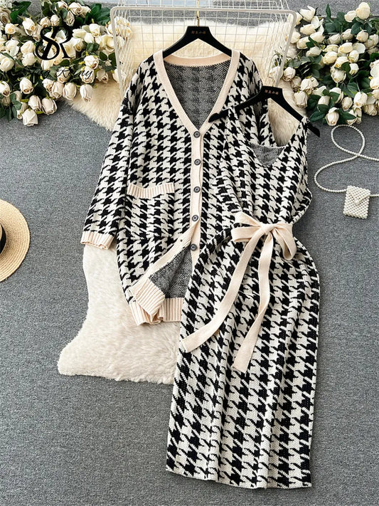 Houndstooth Knitted Dress Suits Women Loose Long