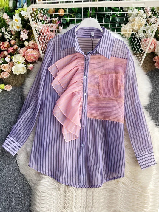 Spring Summer New Fashion Striped Shirt Women's Ruffled Loose