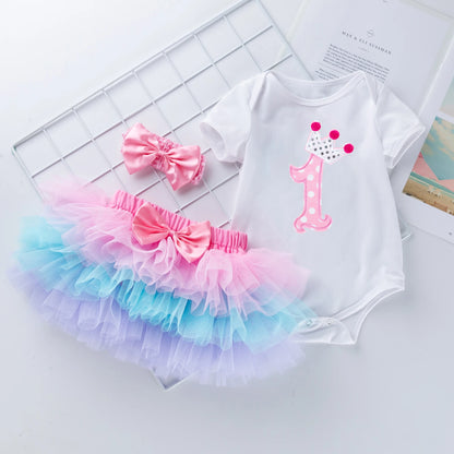 Tutu Baby Birthday Set Short Sleeve Romper Petti skirt Girls 3 Pcs