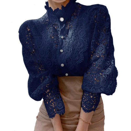 Elegant Embroidery Lace Women Blouse Flower Petal Sleeve Hollow Out