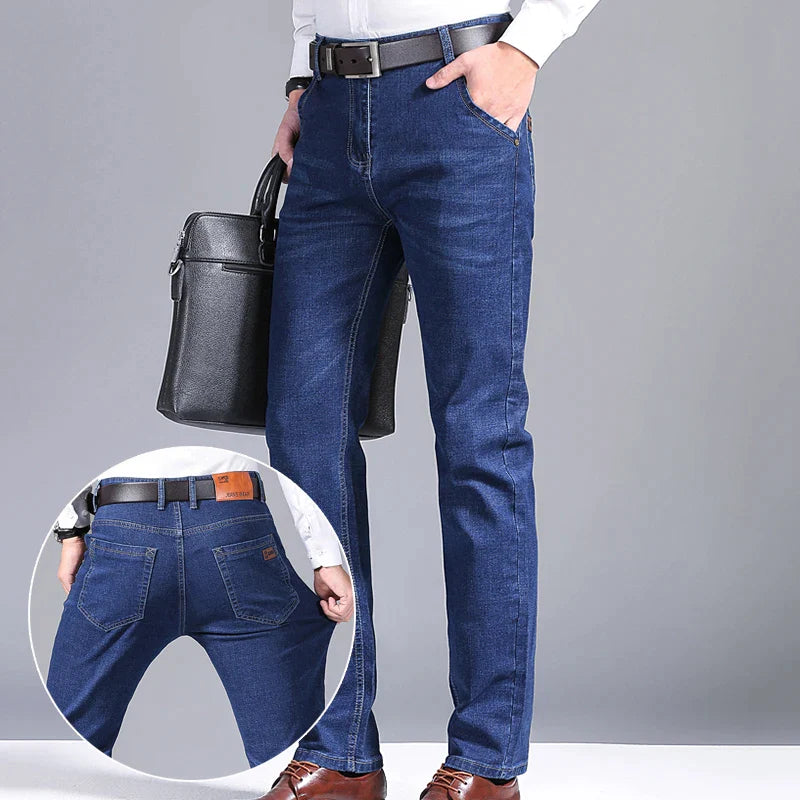 Men Denim Jeans Regular Fit Straight Stretch Business Casual Solid