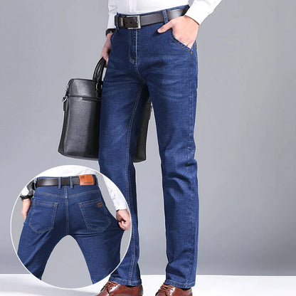 Men Denim Jeans Regular Fit Straight Stretch Business Casual Solid