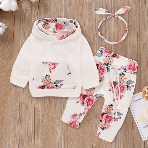 0-24 Months Newborn Baby Girl Floral Clothes Set Hooded Printed Top +