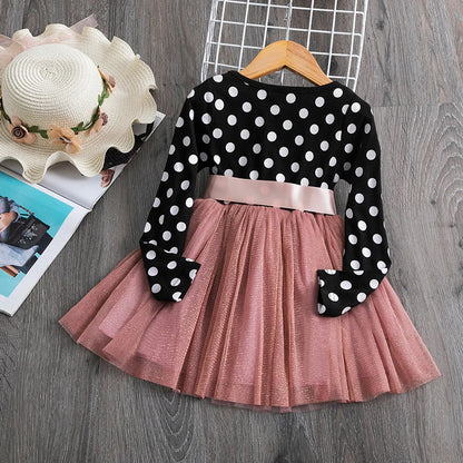 Polka Dot Long Sleeve Tulle Kids Princess Dresses for Girls Spring