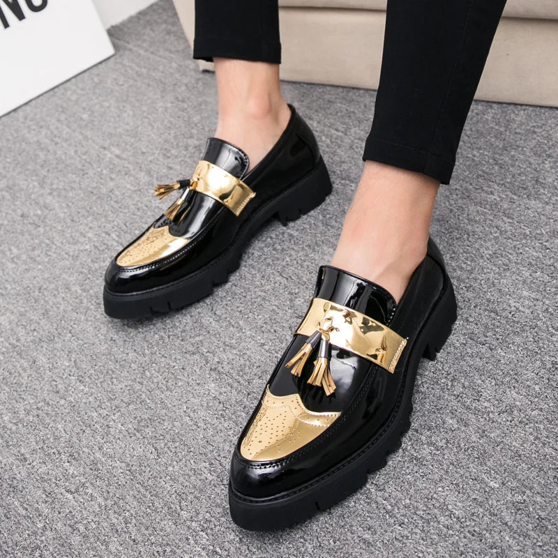 Fashion Golden Men's Casual Slip-On Tassel Patent Loafers Thick Bottom