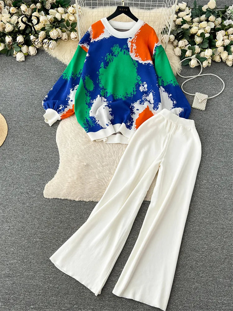 Winter Fashion Thick Sweater Suits Tie-dye Loose