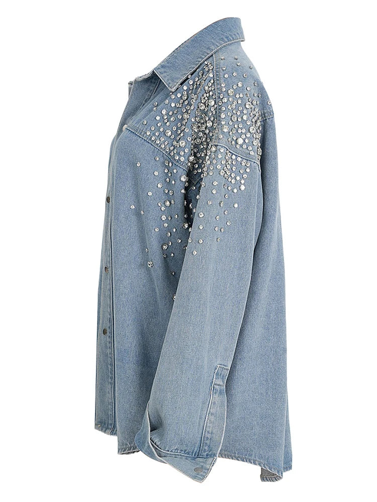 YERMORA Irregular Rhinestone Denim Shirt Jacket For Women For Women Lapel Long Sleeve Fashion Tide Coat Spring Autumn 2025 A142