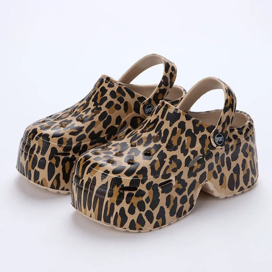 Leopard Thick Bottom Clogs for Women Closed Toe Chunky Platform