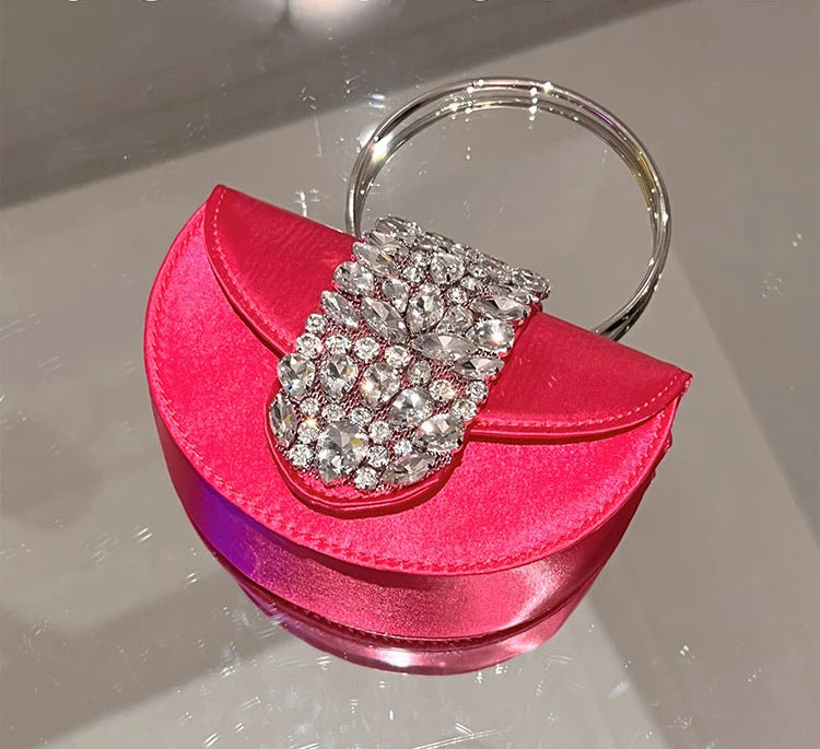 Women Glittering Crystal Satin Handbags Designer Luxury Diamond Pink Evening Diamonds Ring Clutch Purses Wedding Party Trendy