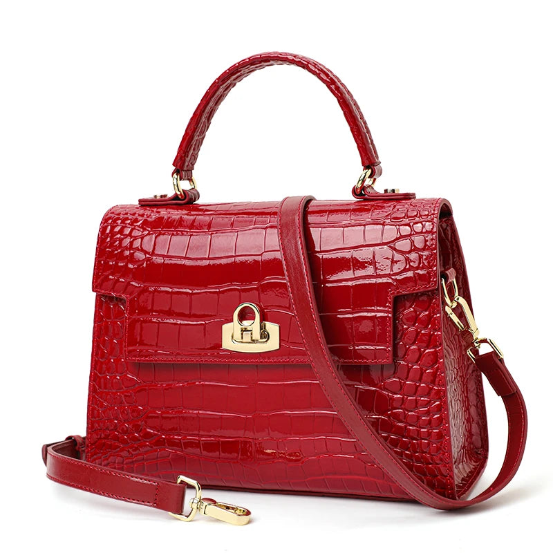 New Lacquer Skin Crocodile Pattern Women's Handbag Top Layer Cowhide