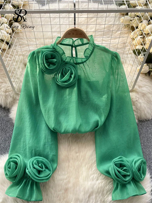 Ruffles Sweet Sheer Blouse O Neck Long Sleeves 3D Floral