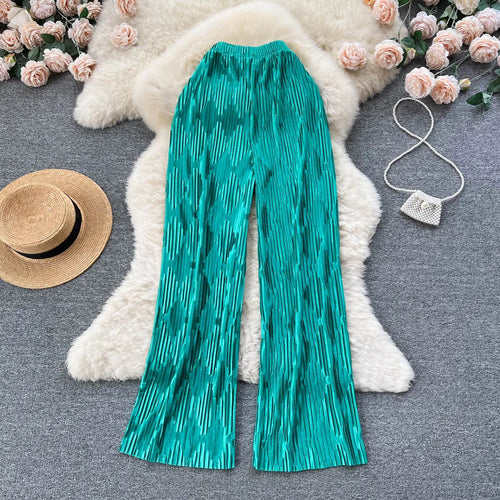 Pleated Vintage Striped Long Pants Fashion Spring High Waist