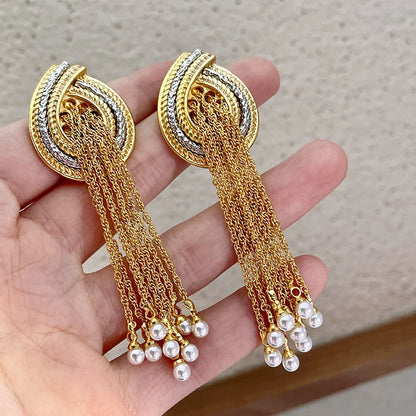 European American Style Long Tassels Pearl Pendant Earrings