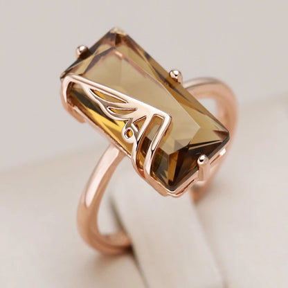 Kinel Hot Fashion Light Brown Natural Zircon Big Ring for Women Simple Square 585 Rose Gold Color High Quality Daily Jewelry