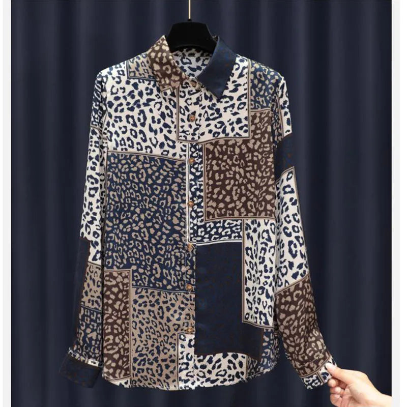 Spring New Leopard Patchwork Print Satin Shirt Women  Style