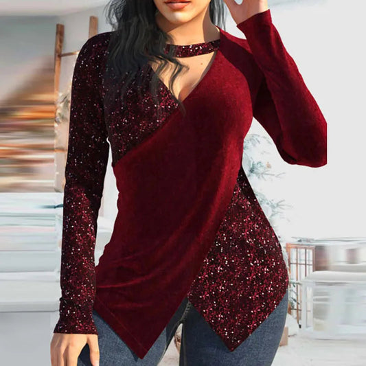 Sexy V Neck Halter Women Tops Pullover Elegant Long Sleeve Slim