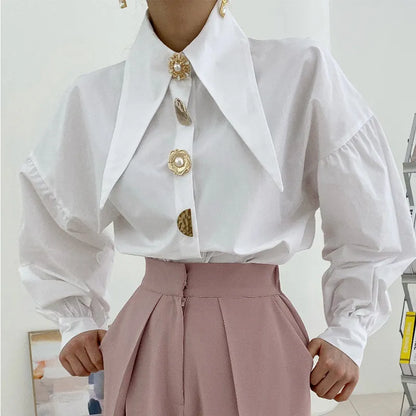 Korean Chic Pointed Neck Single Pearl Button White Shirt Lady Fashion