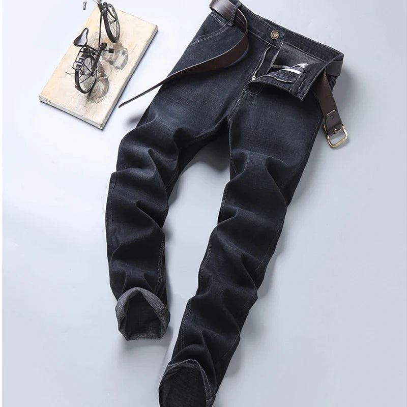 Men Denim Jeans Regular Fit Straight Stretch Business Casual Solid