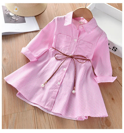 Kids Summer Single Breasted Shirt Dress Girls Casual Loose Pocket Striped Dress Fashion Chic Long Dresses Elegant Loose Belted