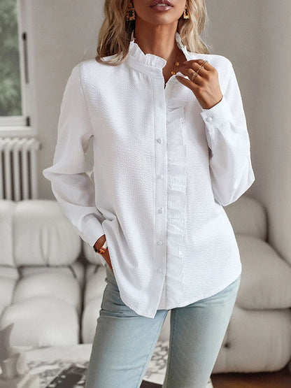 White Blouse Women Summer Long Sleeve Shirts Female Fashion Ruched