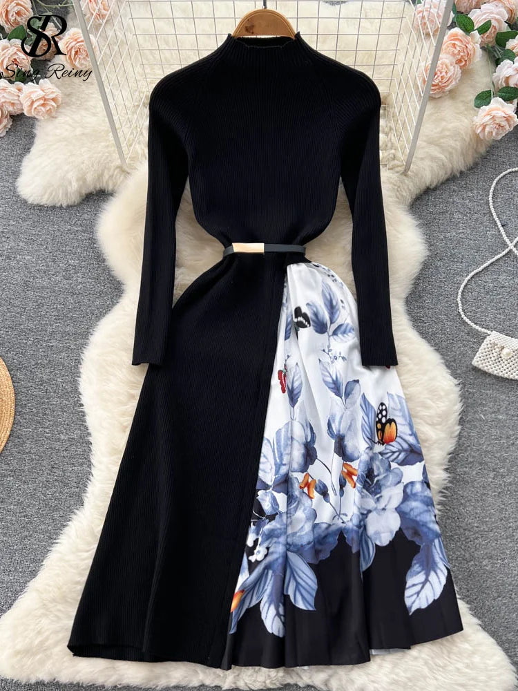 Print Patchwork Women Sweater Dress Half High Collar Rero