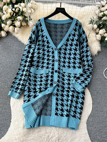 Houndstooth Knitted Dress Suits Women Loose Long