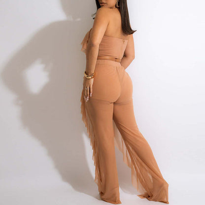 Summer Two Piece Beach Wear Mesh See Through Ruffles Suits Flare Pants