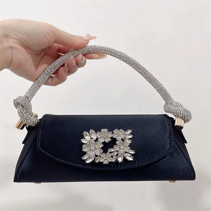 Emerald Satin Hand Bags Elegant Ladies Floral Rhinestone Buckle Evening Bag Luxury Celebrity Simple Design Underarm Bag Bolsas