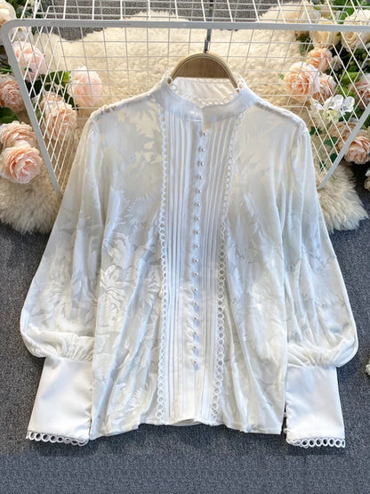 Spring Autumn New Ladies Shirt Beaded Retro Lantern Sleeve Loose and