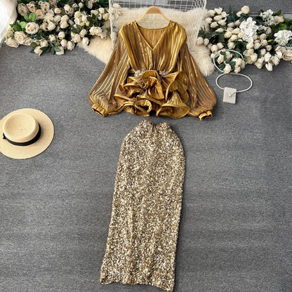 Sexy Club Luxury Sequined 2 Pieces Set Women V Neck Lantern Sleeve