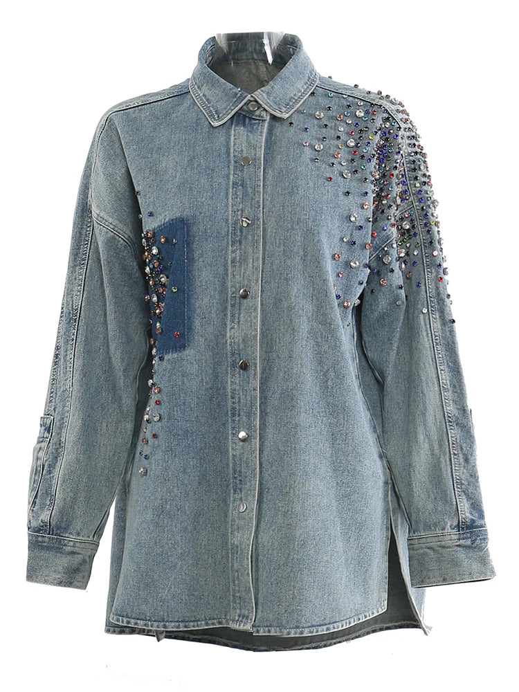 YERMORA Irregular Rhinestone Denim Shirt Jacket For Women For Women Lapel Long Sleeve Fashion Tide Coat Spring Autumn 2025 A142