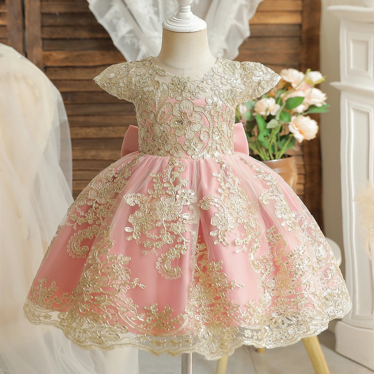 Embroidery Elegant Kids Princess Dresses for Girls Luxury Golden Lace