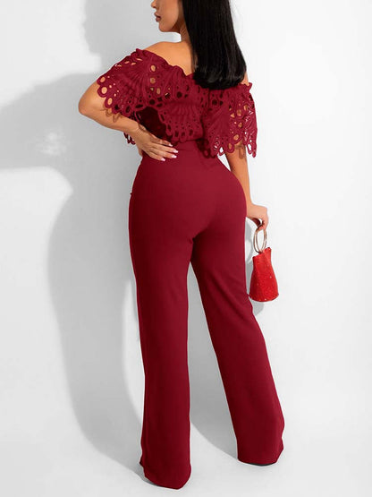 Women Lace Hollow Out Offshoulder Jumpsuit Elegant Wide Leg Overalls