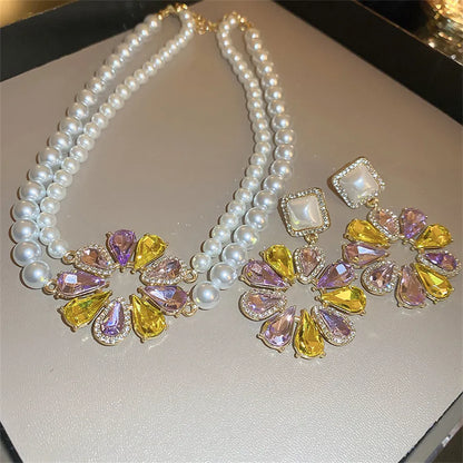 Korean Style Pearl Necklace Earrings For Women Sweet Sunflower