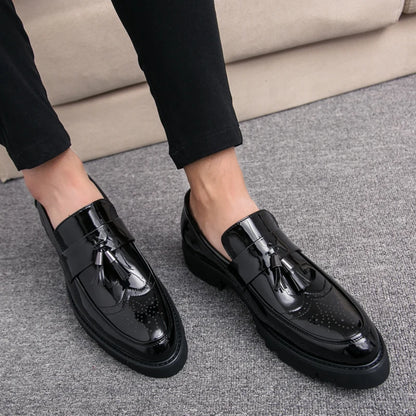 Fashion Golden Men's Casual Slip-On Tassel Patent Loafers Thick Bottom