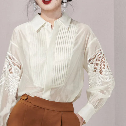 Spring Long-sleeved shirt Turndown collar Vintage Women