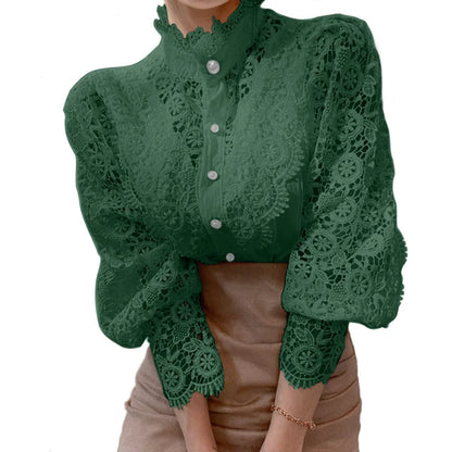 Elegant Embroidery Lace Women Blouse Flower Petal Sleeve Hollow Out