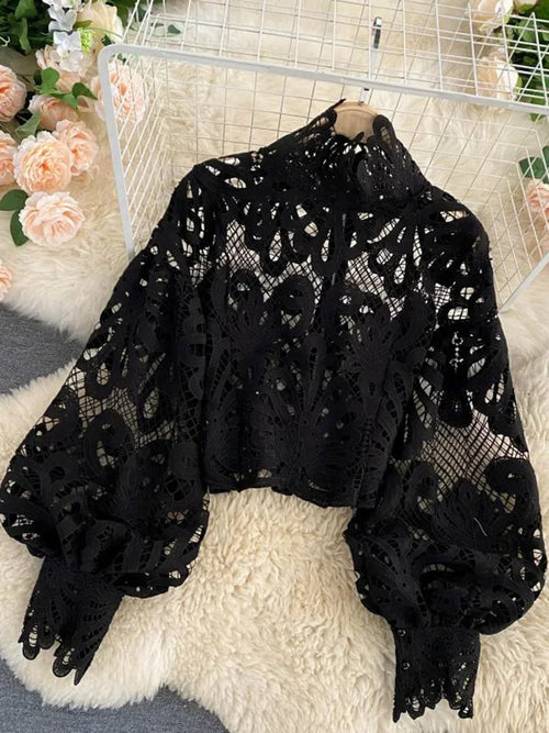 Spring Summer New Fashion Blouse Female Hollow Lantern Sleeve