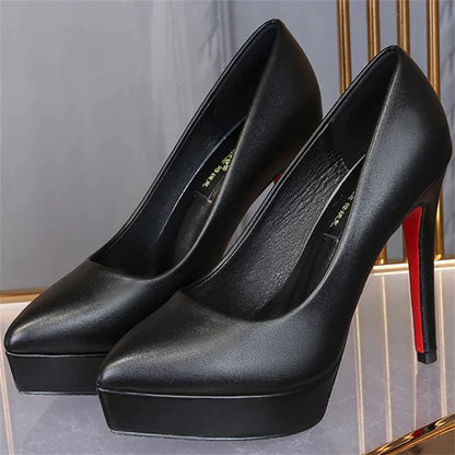 Luxury Women Pumps Spring Autumn Slip-On Platform PU Leather 12cm Thin