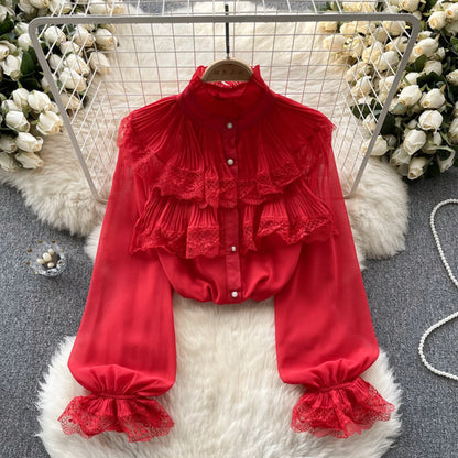 Elegant French Blouse Women Temperament Sweet Ruffles Loose Casual