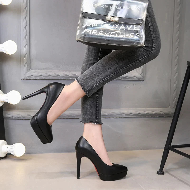 Luxury Women Pumps Spring Autumn Slip-On Platform PU Leather 12cm Thin