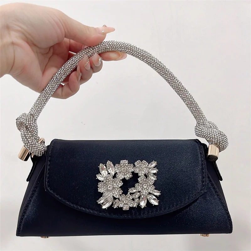 Emerald Satin Hand Bags Elegant Ladies Floral Rhinestone Buckle Evening Bag Luxury Celebrity Simple Design Underarm Bag Bolsas