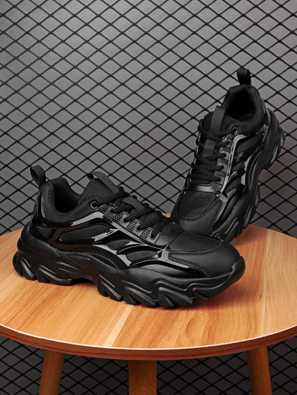 Sporty Chunky Sneakers For Men, Black Lace-up Front Sneakers