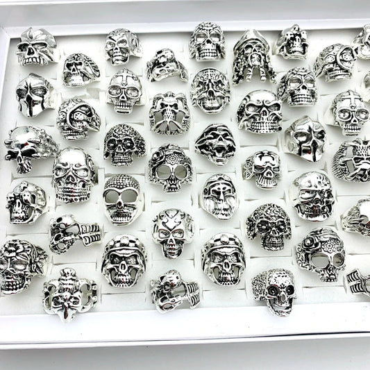 100pcs/Lot Mens Punk Rings Silver Color Skull Skeleton Biker Fashion Jewelry Halloween Party Gift Wholesale Mix Styles