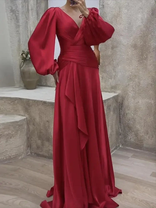 Krismile Vintage Elegant Maxi Dresses for Evening Banquet 2024 Look-Thin Pleated Solid Color V-Cut Long Sleeves Maxi Dresses