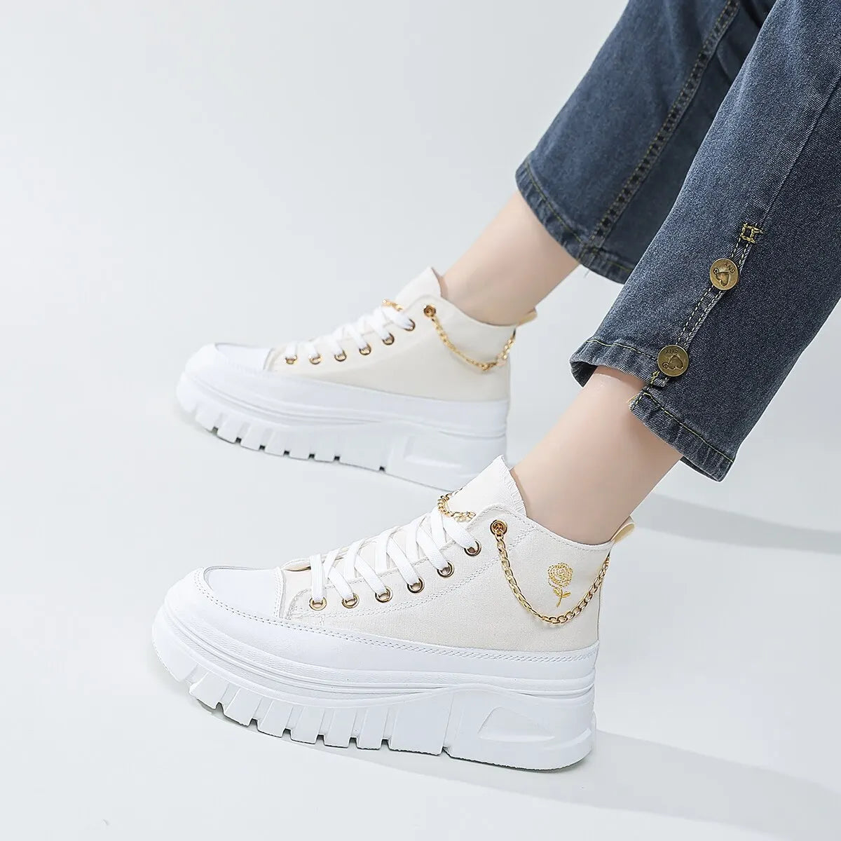 Women Lace-Up Front High Top Flatform Canvas Shoes Fashion Casual