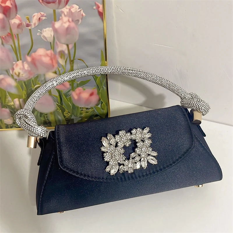 Emerald Satin Hand Bags Elegant Ladies Floral Rhinestone Buckle Evening Bag Luxury Celebrity Simple Design Underarm Bag Bolsas