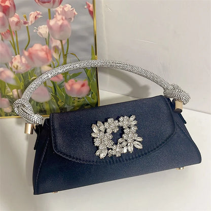 Emerald Satin Hand Bags Elegant Ladies Floral Rhinestone Buckle Evening Bag Luxury Celebrity Simple Design Underarm Bag Bolsas